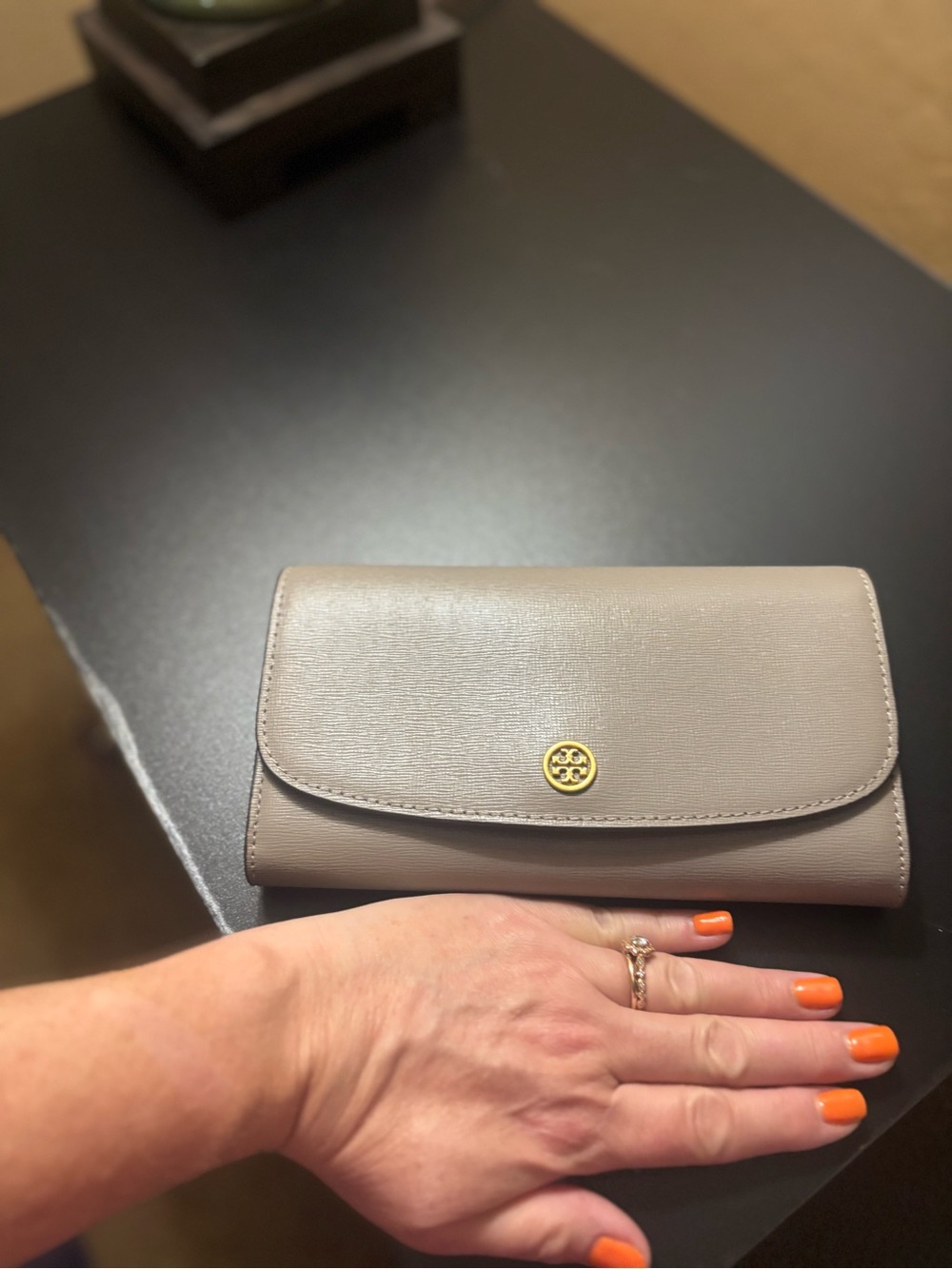 Tory Burch Taupe Leather Continental Wallet with Gold Logo